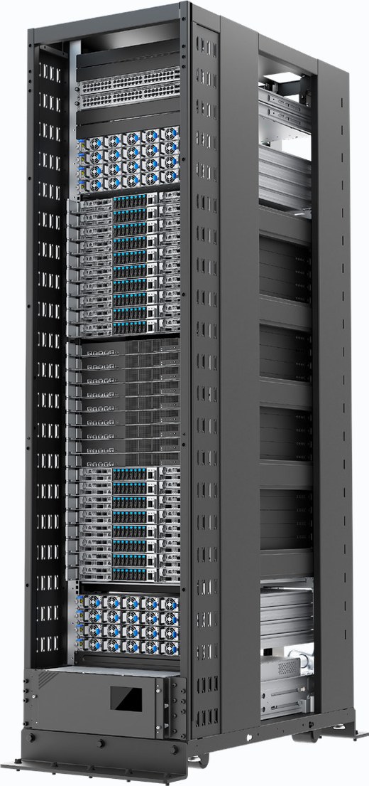 48RU 液冷 AI 機櫃四分之三視圖：頂部管理交換機、電源框、運算託盤、NVLink 交換託盤及後部匯流排。